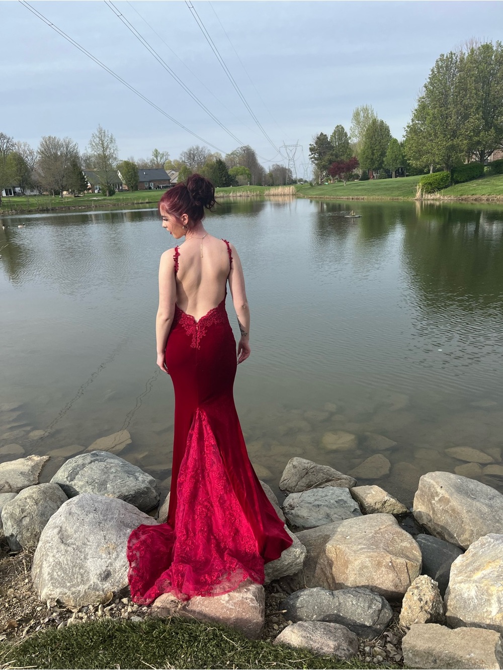 Backless Burgundy Lace-Trim Mermaid Prom Dress - Women Dresses